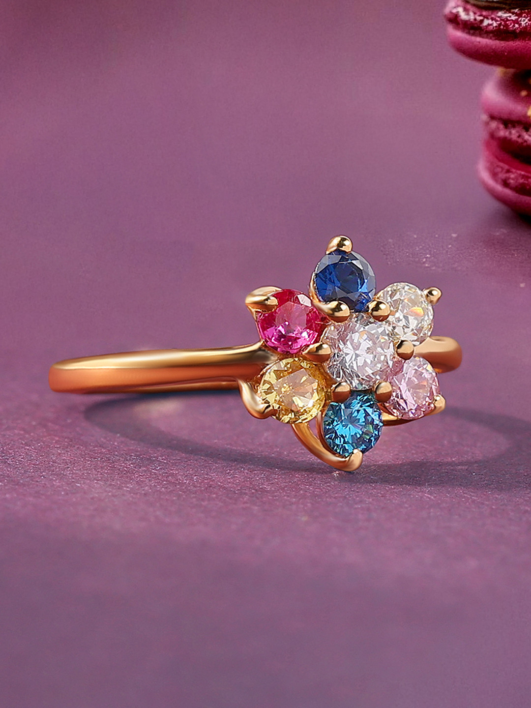 Ornate Jewels 925 Sterling Silver CZ Stone Studded Flower Rainbow Ring