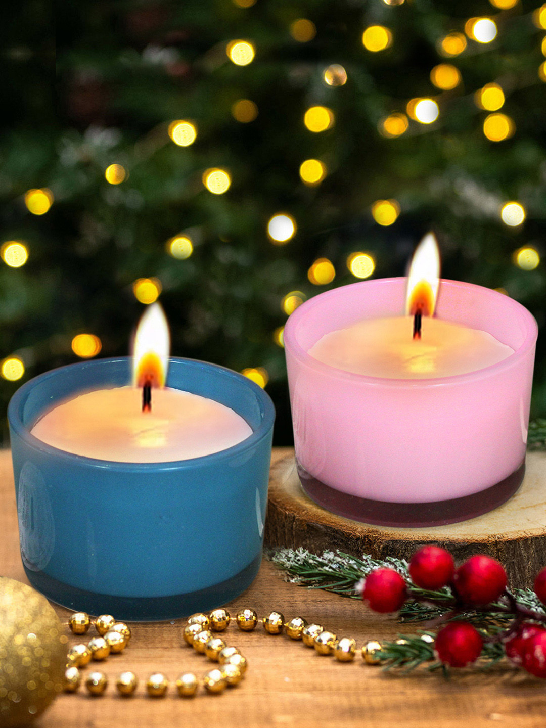 TIED RIBBONS Diwali Festive 2Pcs 1 Wick Sea Salt Lychee Solid Geometric Jar Candles