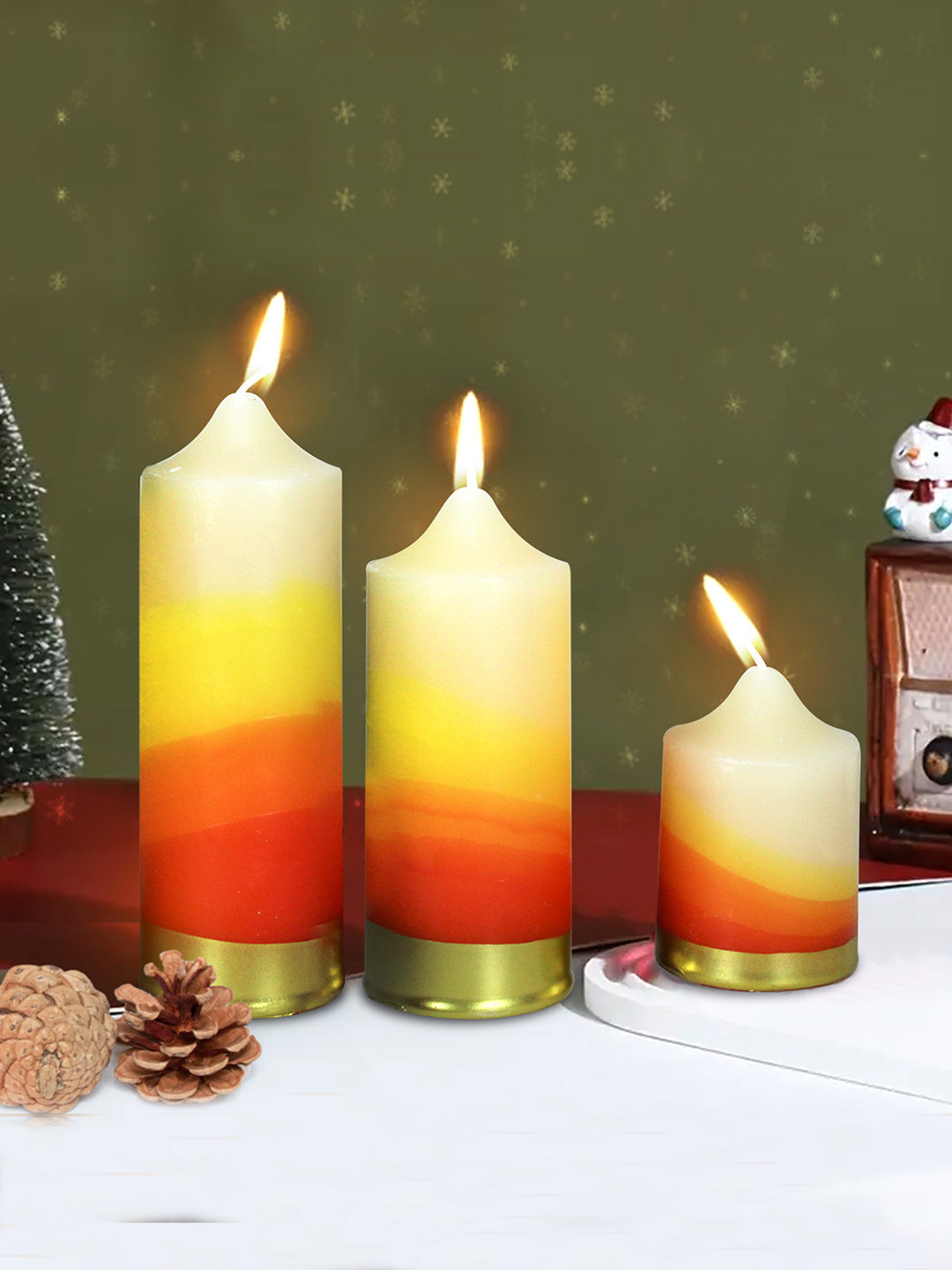 TIED RIBBONS Diwali Festive 3Pcs Scented 1 Wick Gardenia Solid Tapered Pillar Candles