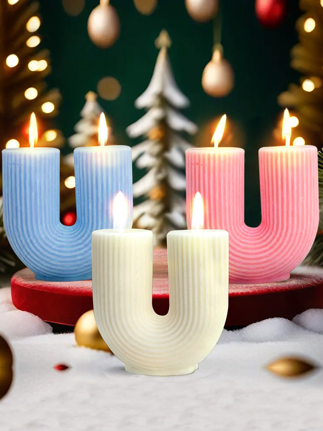 TIED RIBBONS Diwali Festive 3Pcs 2 Wick Fruit Temptation Solid Geometric Pillar Candles