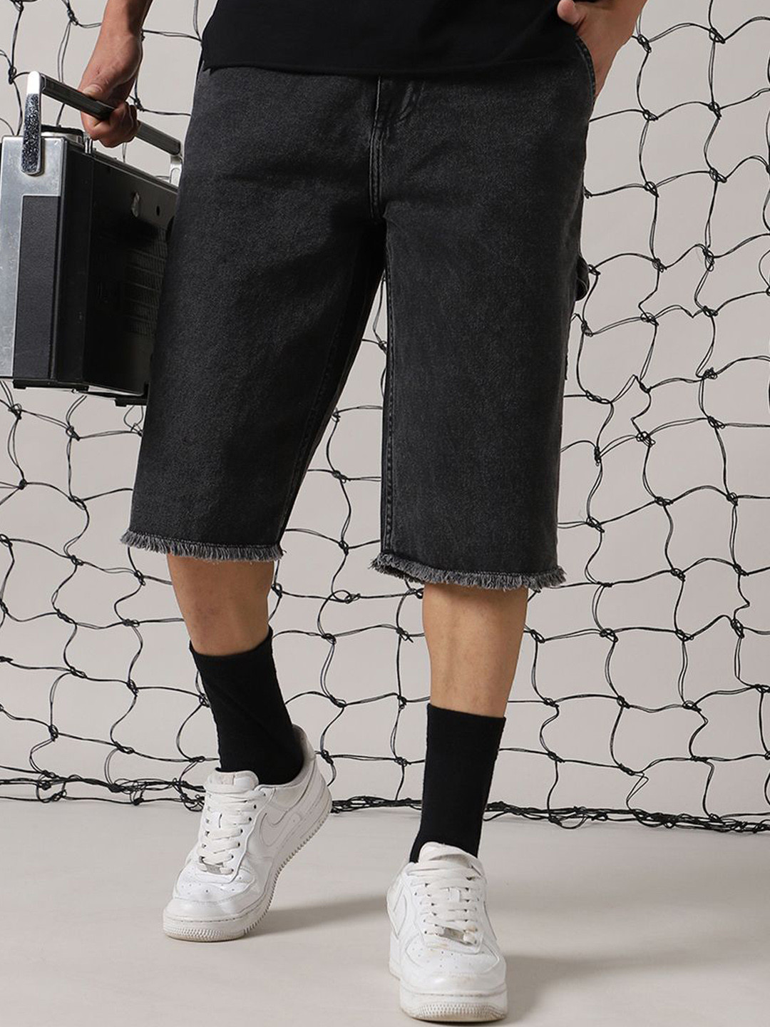 Hubberholme Men Washed Loose Barmuda Fit Carpenter Denim Shorts