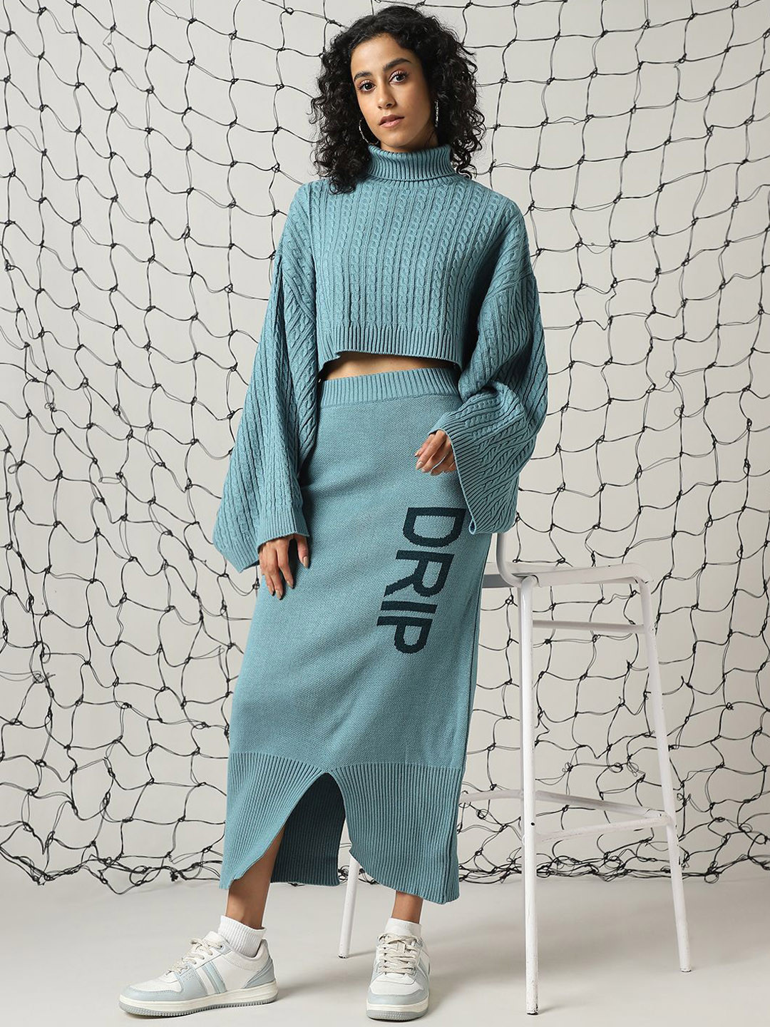 Hubberholme Cable Knit High Neck Top & Flared Skirt  Co-Ords