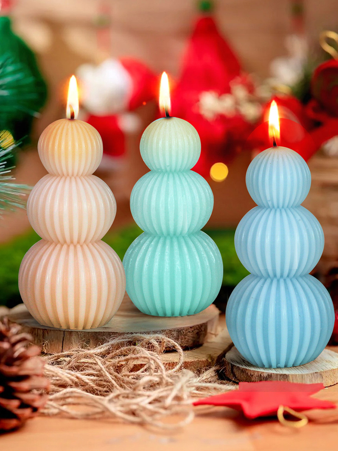 TIED RIBBONS Diwali Festive 3Pcs 1 Wick Rat Tail Grass Solid Geometric Pillar Candles
