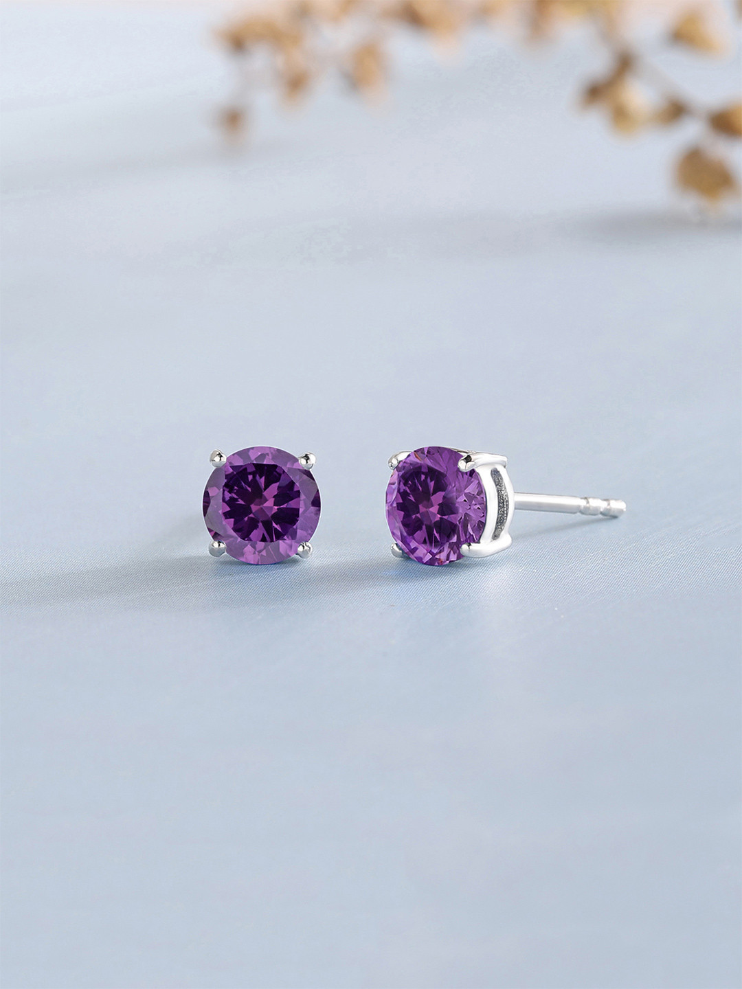 Ornate Jewels 925 Sterling Silver Rhodium-Plated Amethyst Solitaire Stone Studded Studs