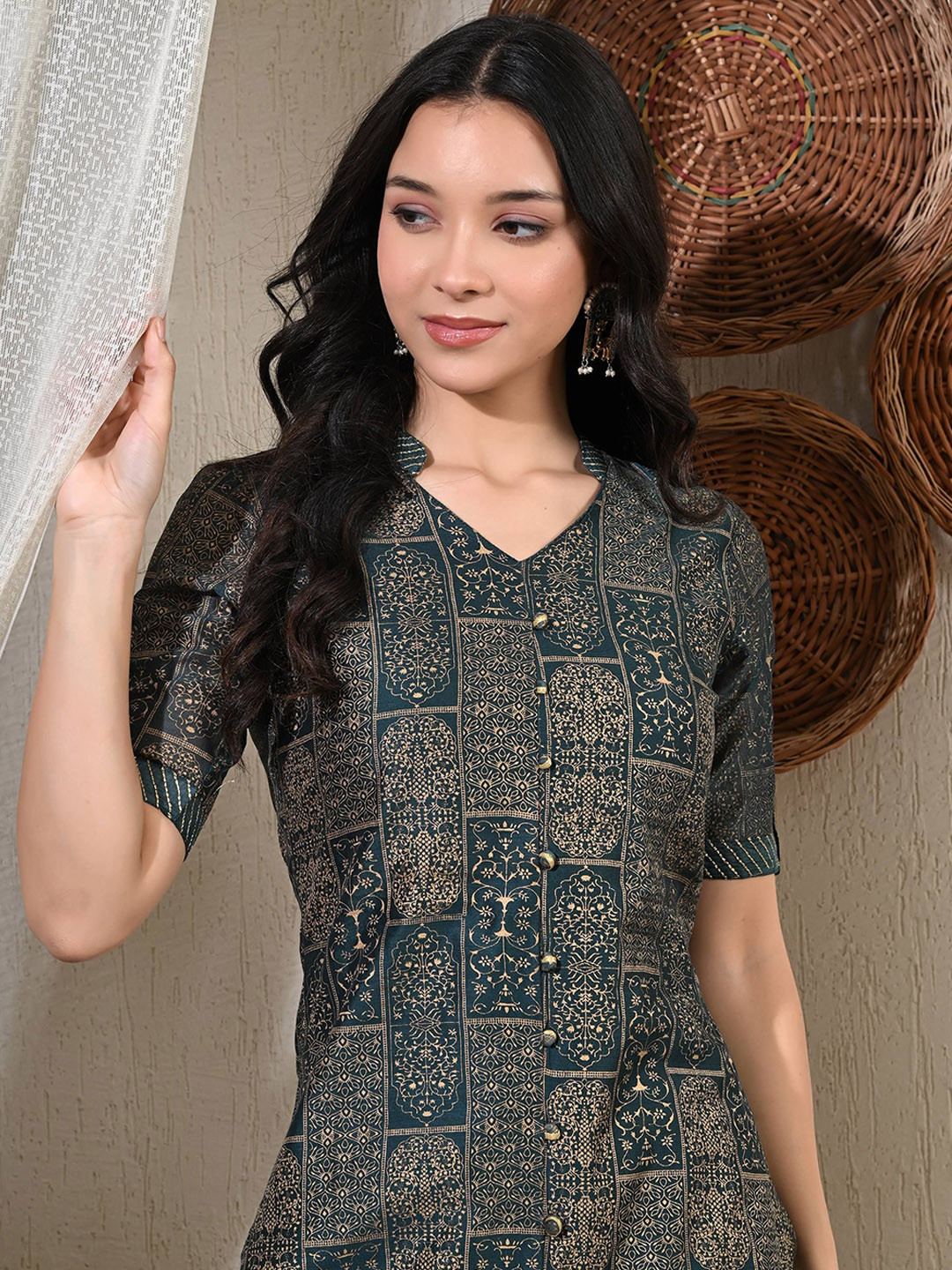 TOP 30 Ethnic Motifs Printed Mandarin Collar Chanderi Cotton Straight Kurta