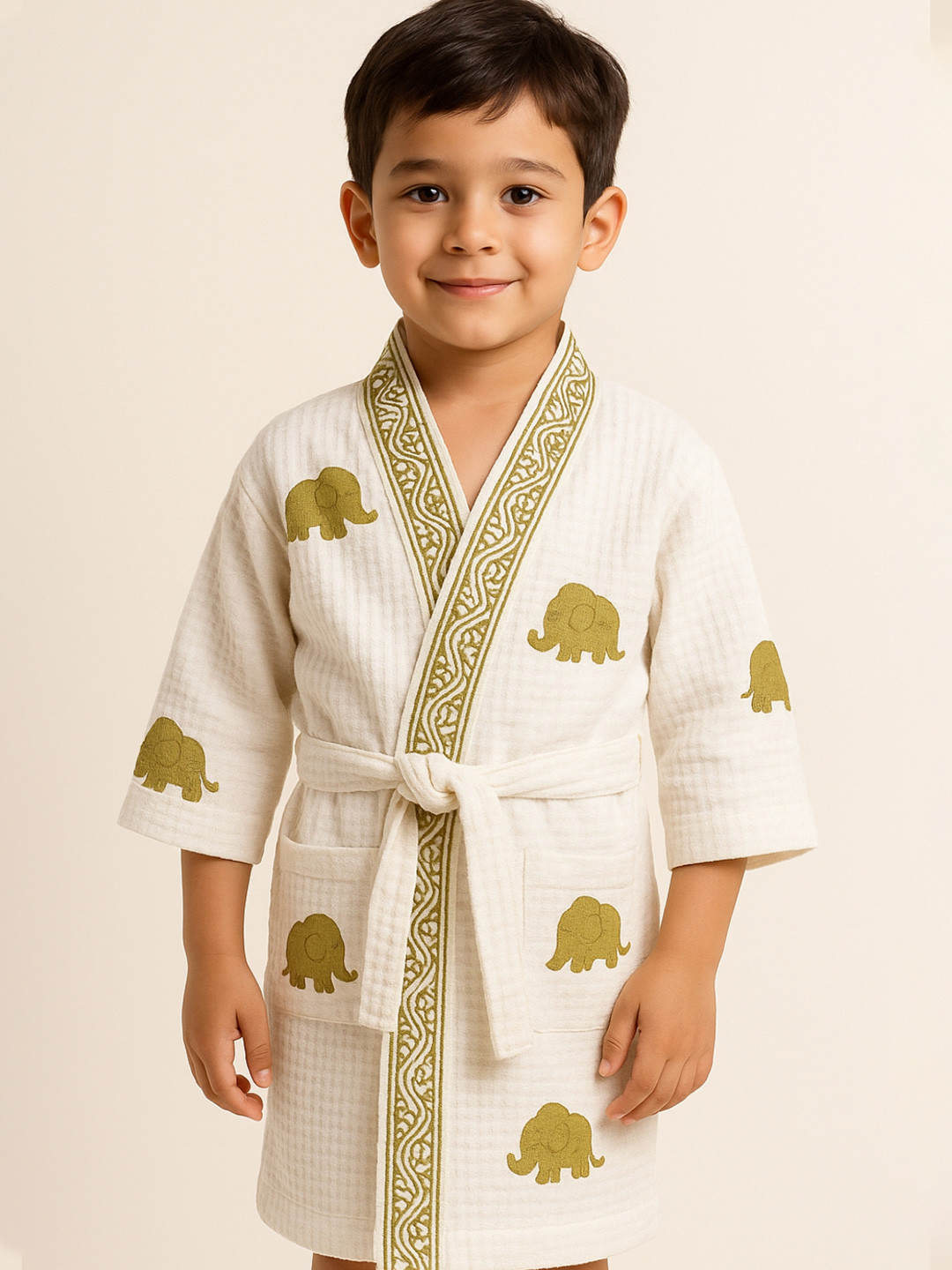 LIVING ROOTS Kids White & Mustard Printed Cotton Bath Robe