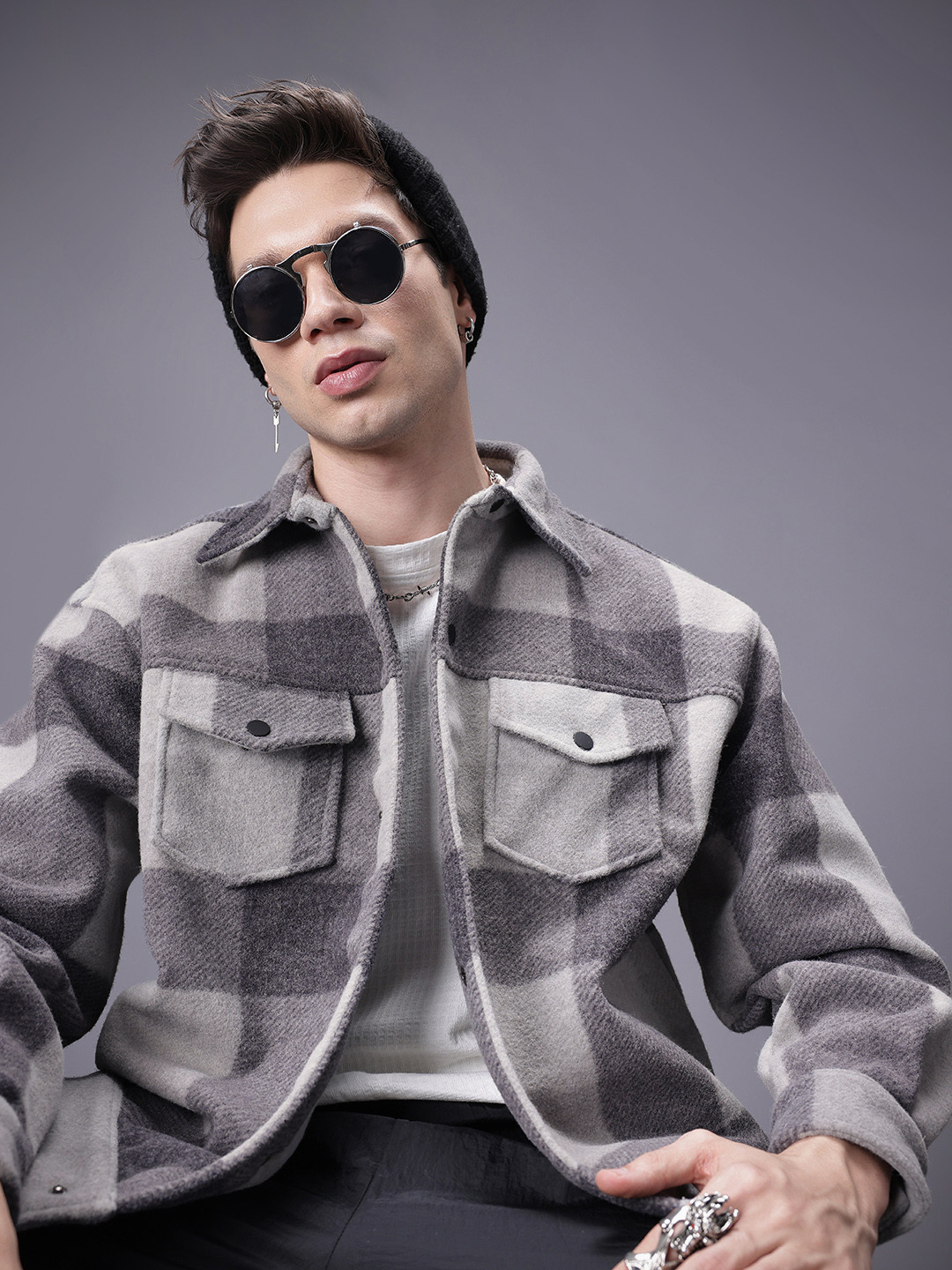 SOKO FASHION Checked Drop-Shoulder Sleeves Relaxed Fit Shacket