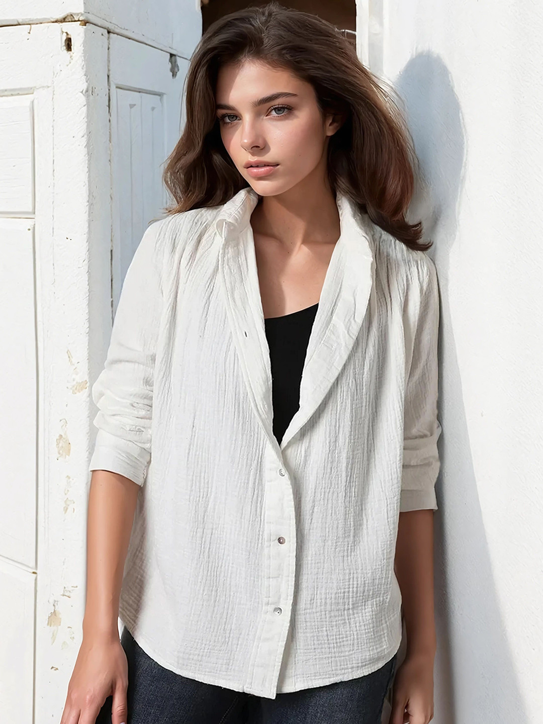 High Star Women Oversized Solid Cotton with Geathers At Shoulder Casual Shirt