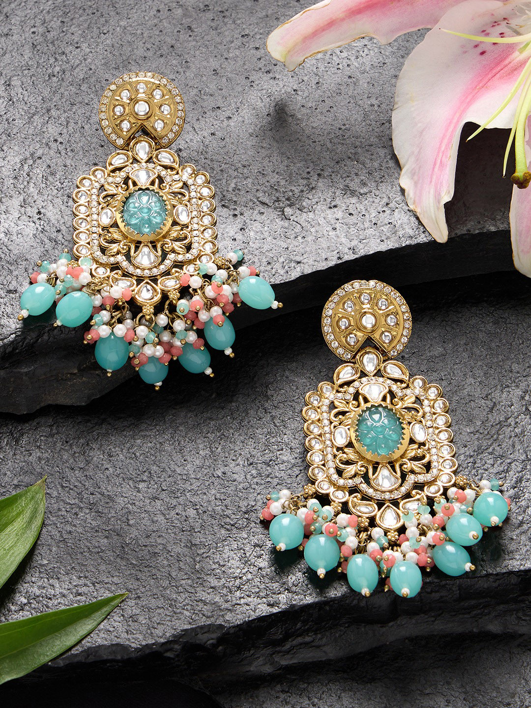 Zaveri Pearls Gold-Plated Kundan Stone Studded & Clustered Beads Beaded Drop Earrings