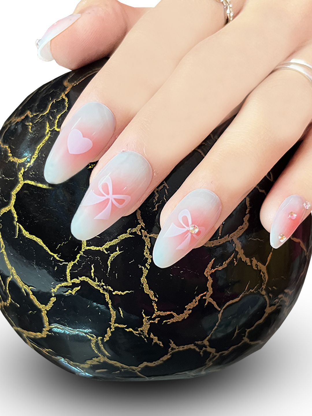 Secret Lives Set Of 24 Artificial Reusable Glossy 3D Stone Press On Nails - White & Pink