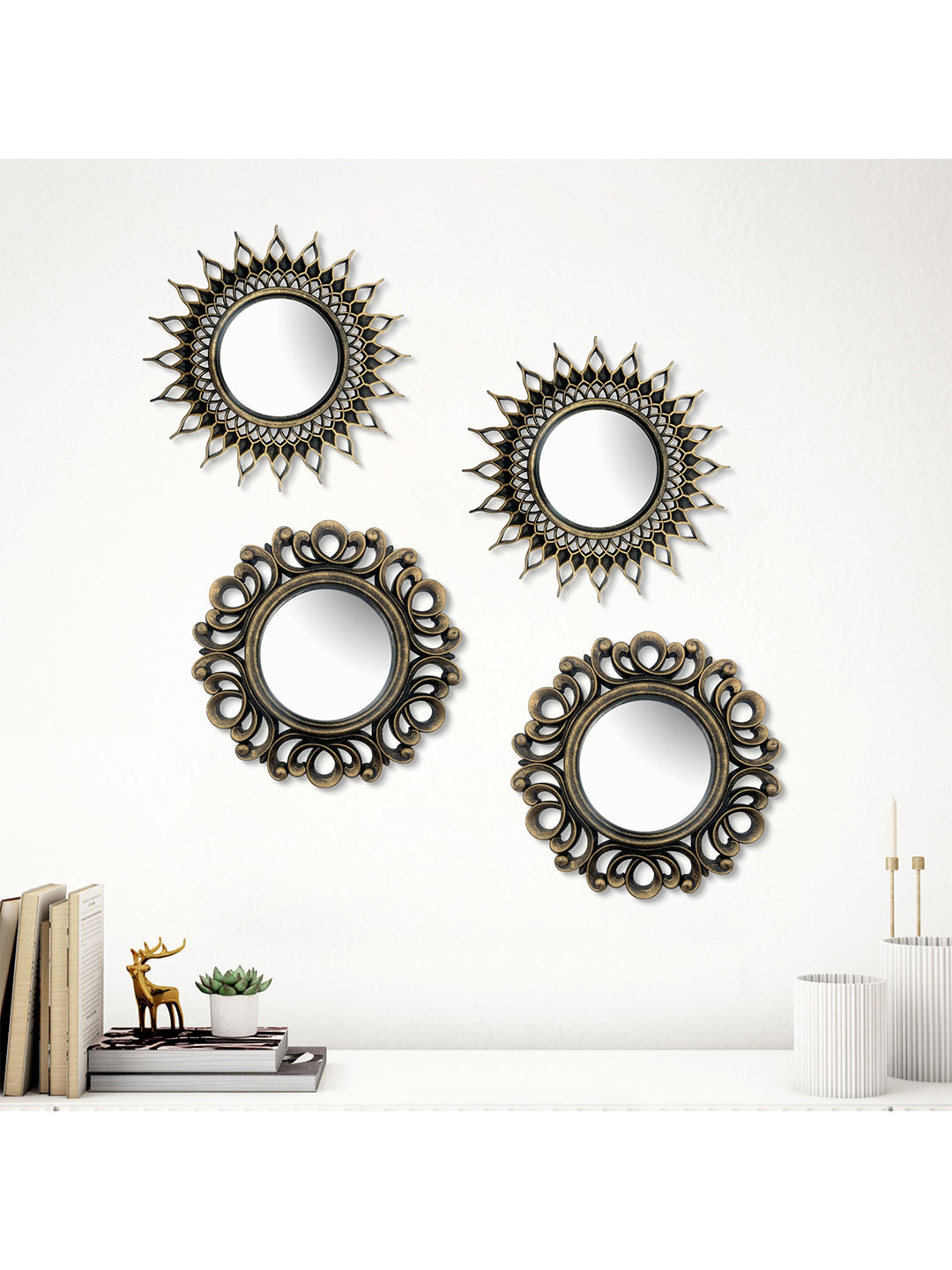 Home Centre Corsica Corvus 4 Pieces Black Textured Round Decorative Mirrors