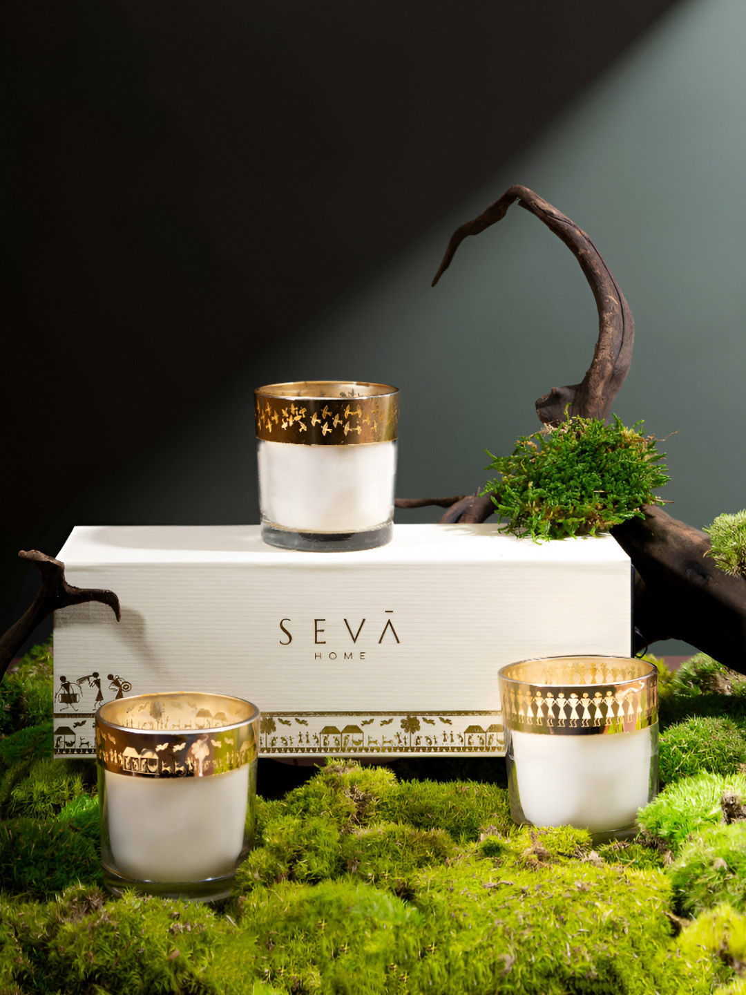 Seva Home Set of 3 Warli-Inspired Dil Se Saffron Silk Scented Candle Jars Gift