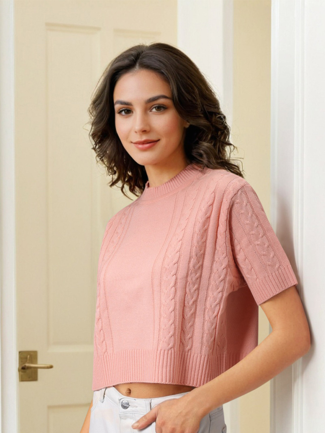 Freehand by The Indian Garage Co Women Cable Knit Crop Pullover