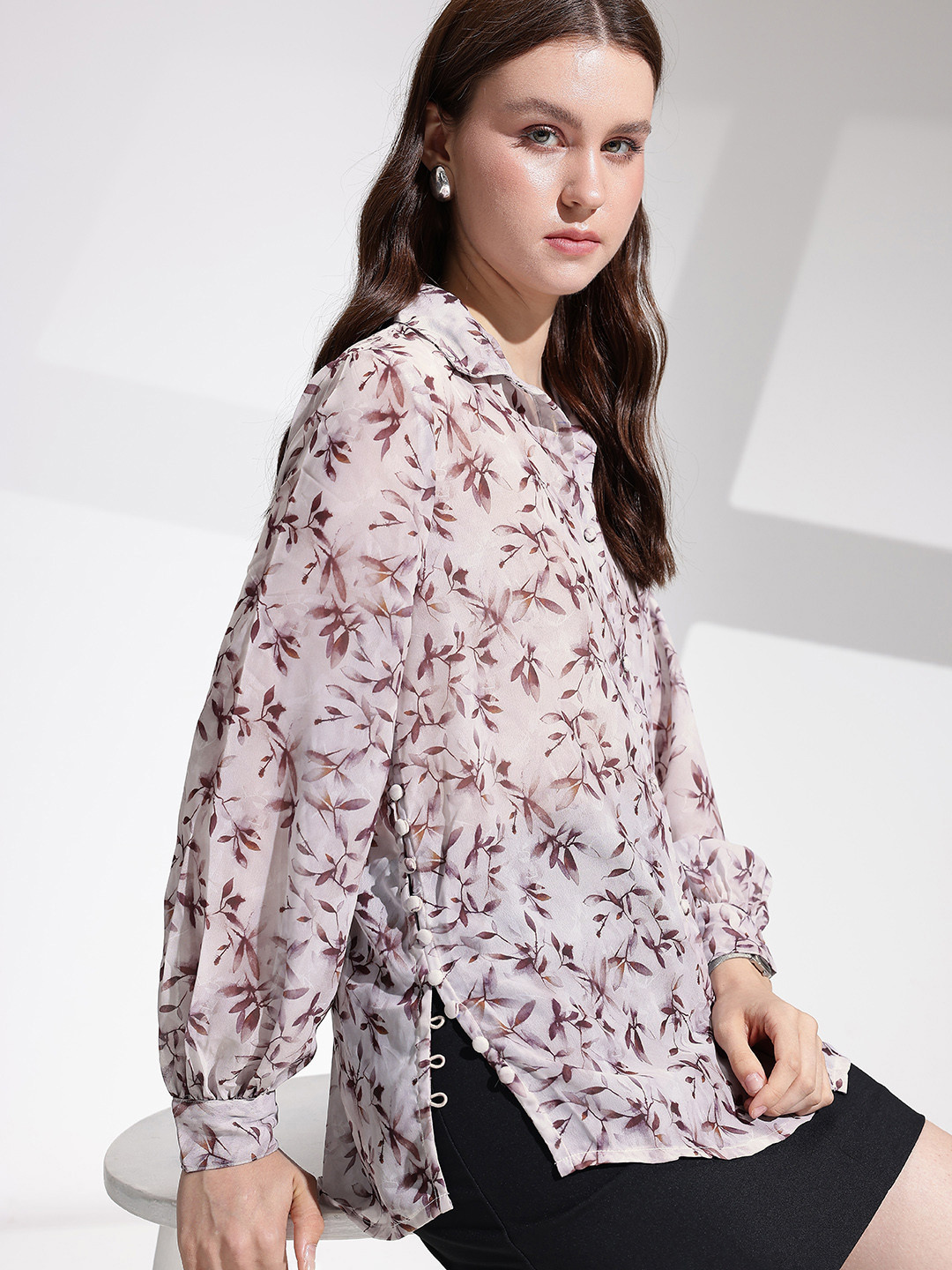 her by invictus Tropical Printed Semi Sheer Casual Shirt