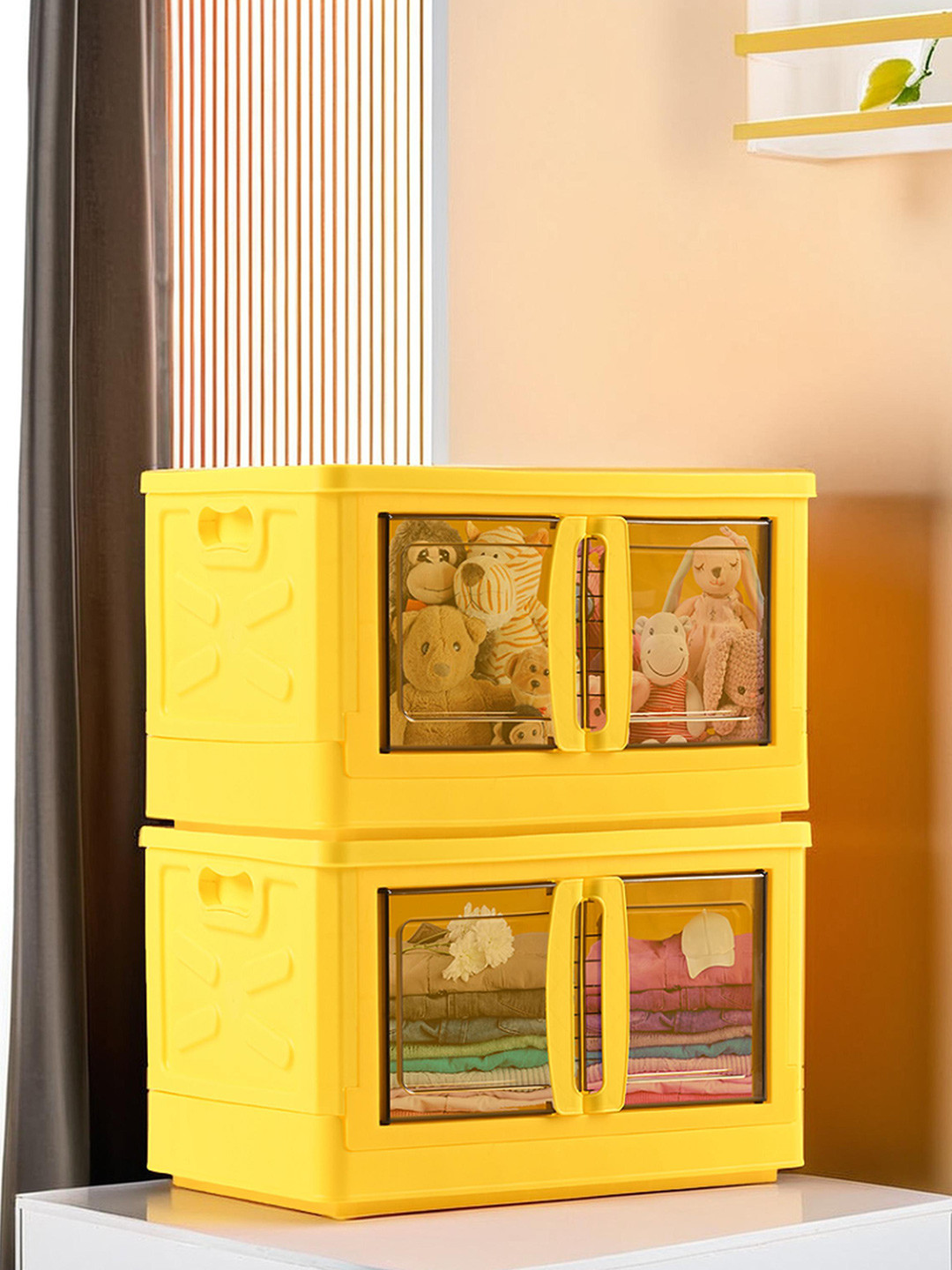 Kuber Industries Yellow 2 Pieces Drawer Double Door Storage Box with Lid Organisers