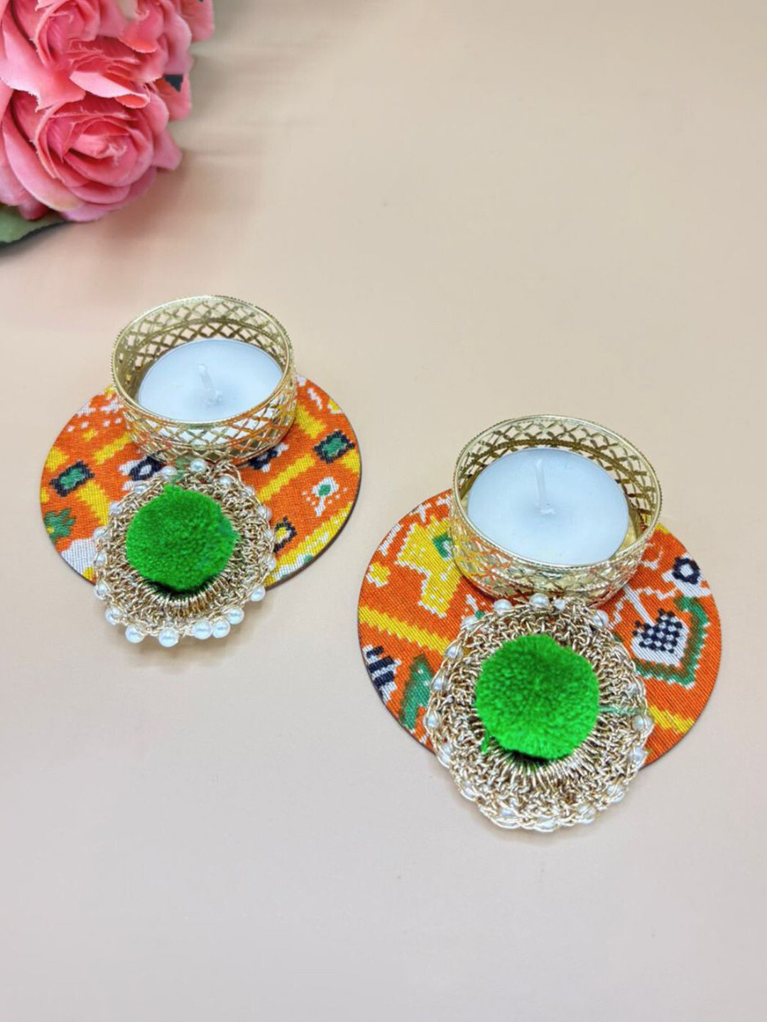 THE HOME CO. Green & Yellow 2 Pieces Patola Tea Light Candle Holder