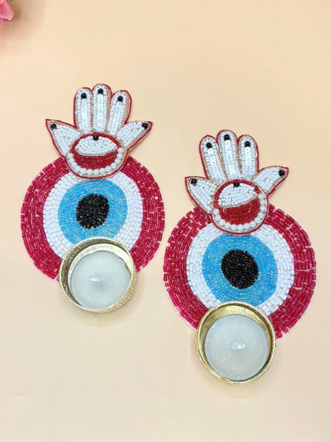 THE HOME CO. Red & White 2 Pieces Printed Evil Eye Tea Light Candle Holder