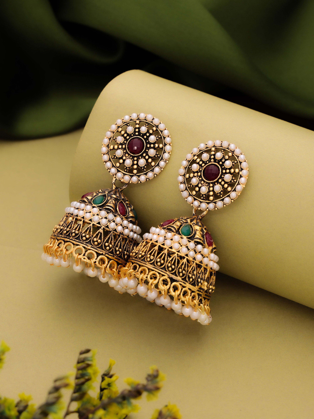VEDDA Gold-Plated Artificial Beads Studdd Classic Jhumkas Earrings