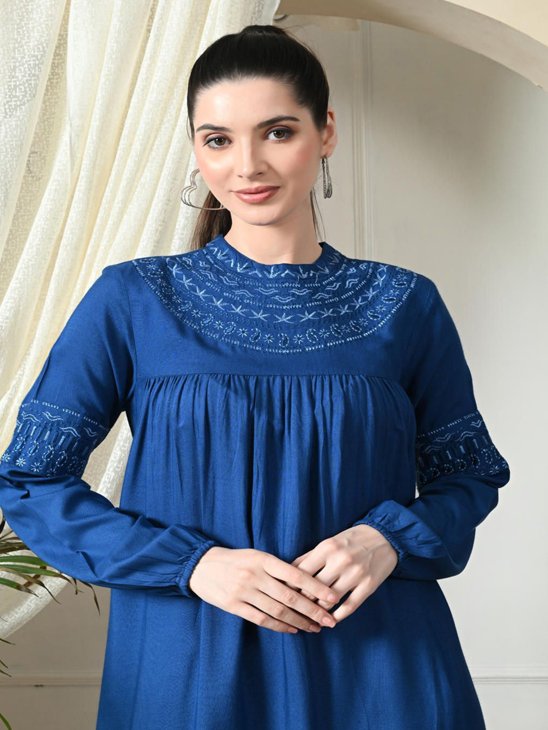 TOP 30 Women Puff Sleeve Fit & Flare Long Sleeves Midi Dress