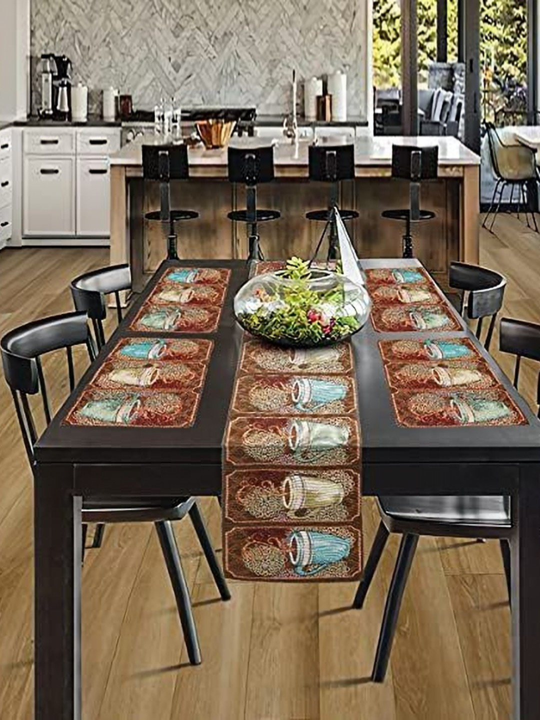 PRAKARTIK Set of 5 Brown & Blue Cotton Floral Printed Rectangle Dining Table Mats With Runner