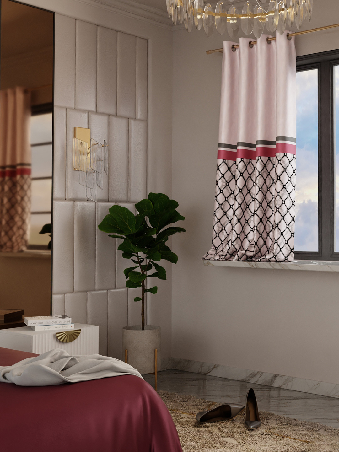 Stoa Paris Versailles Champagne & Red Geometric Printed Window Curtain With Back Lining