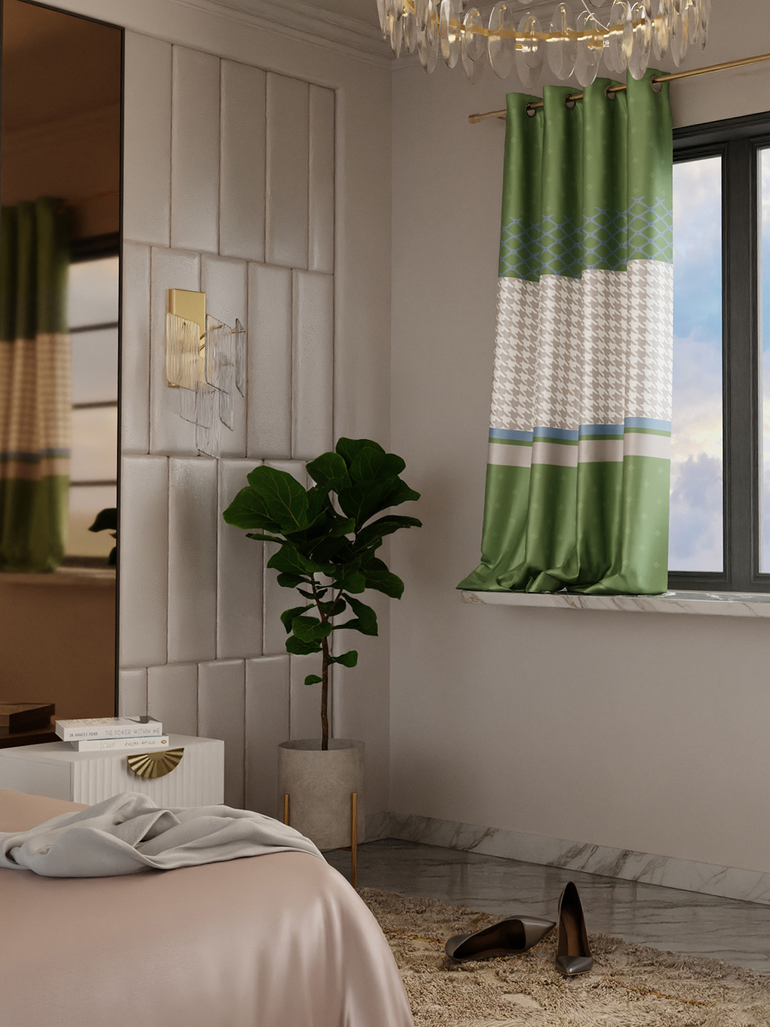 Stoa Paris Versailles Olive Green & White Geometric Printed Window Curtain With Back Lining