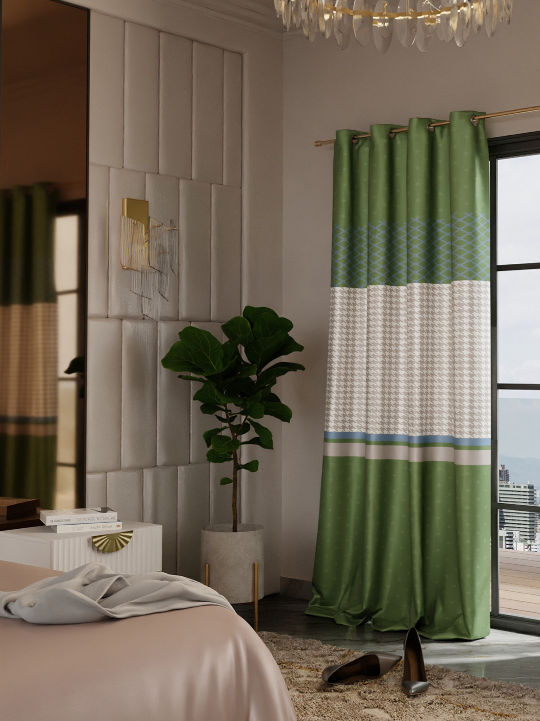 Stoa Paris Versailles Olive Green & Off White Geometric Printed Door Curtain With Back Lining