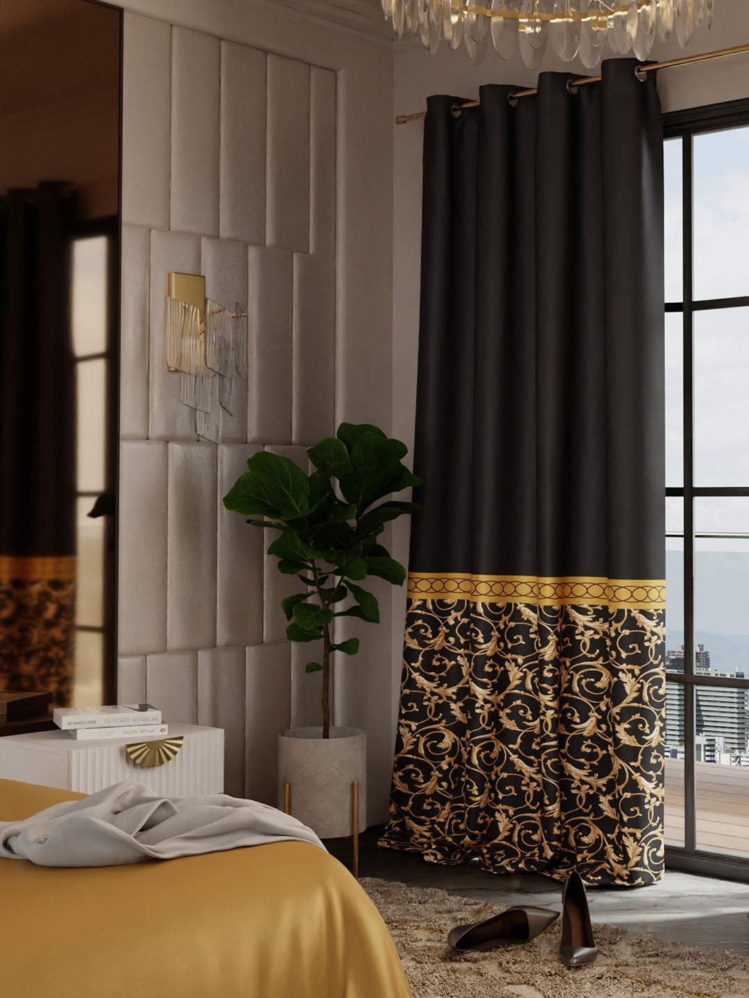 Stoa Paris Versailles Black & Gold-Toned Floral Printed Long Door Curtain With Back Lining