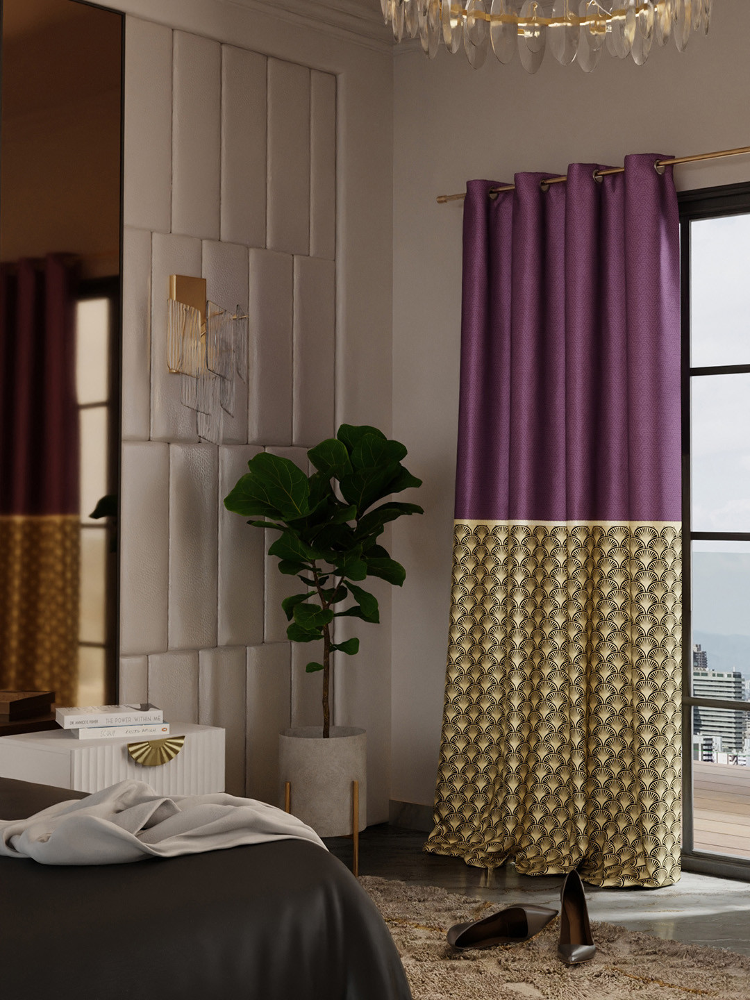 Stoa Paris Versailles Brown & Purple Geometric Printed Door Curtain With Back Lining