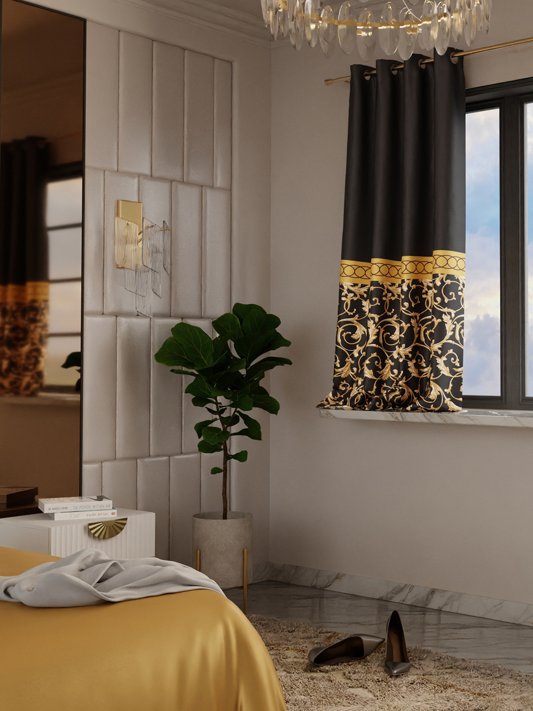 Stoa Paris Versailles Black & Gold-Toned Floral Printed Window Curtain With Back Lining