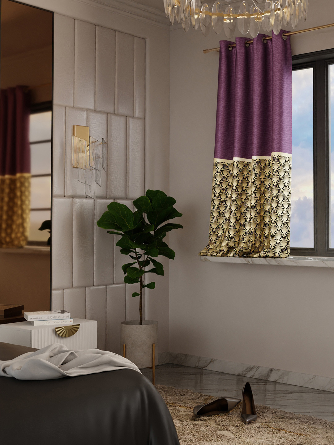 Stoa Paris Versailles Purple & Yellow Ethnic Motifs Printed Window Curtain With Back Lining