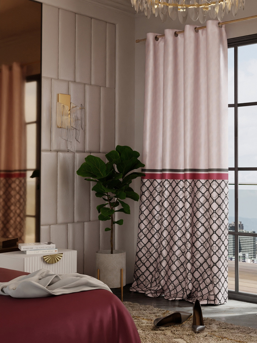 Stoa Paris Versailles Champagne & Red Geometric Printed Long Door Curtain With Back Lining