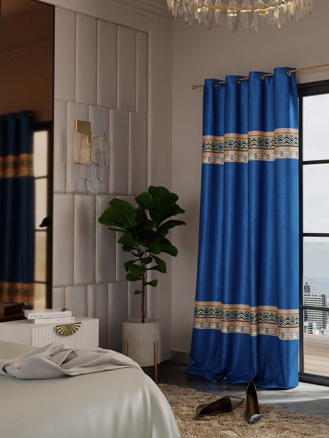 Stoa Paris Versailles Navy Blue Ethnic Motifs Printed Door Curtain With Back Lining