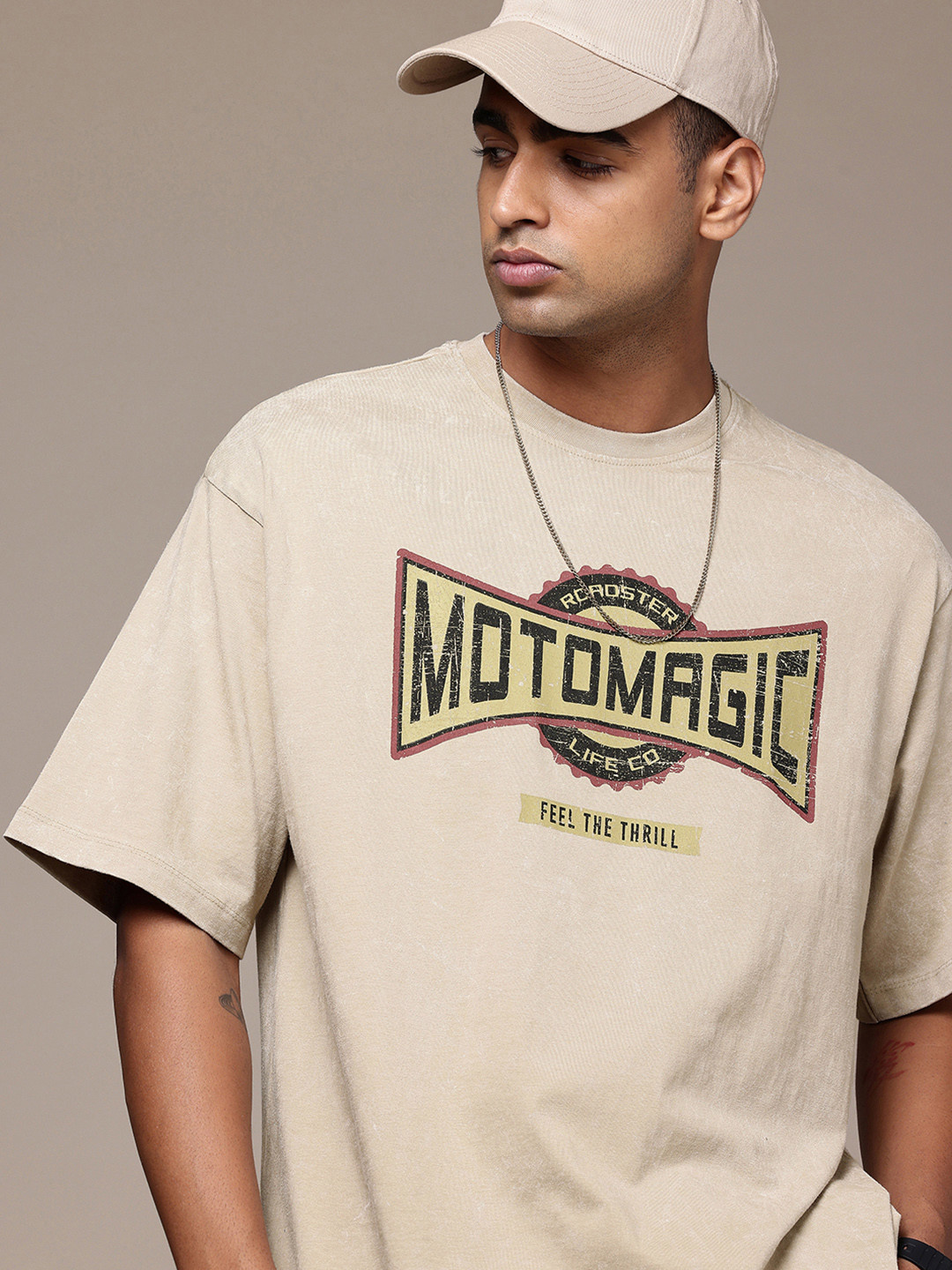 The Roadster Life Co. Washed Effect Drop-Shoulder Sleeves Pure Cotton Relaxed Fit T-shirt