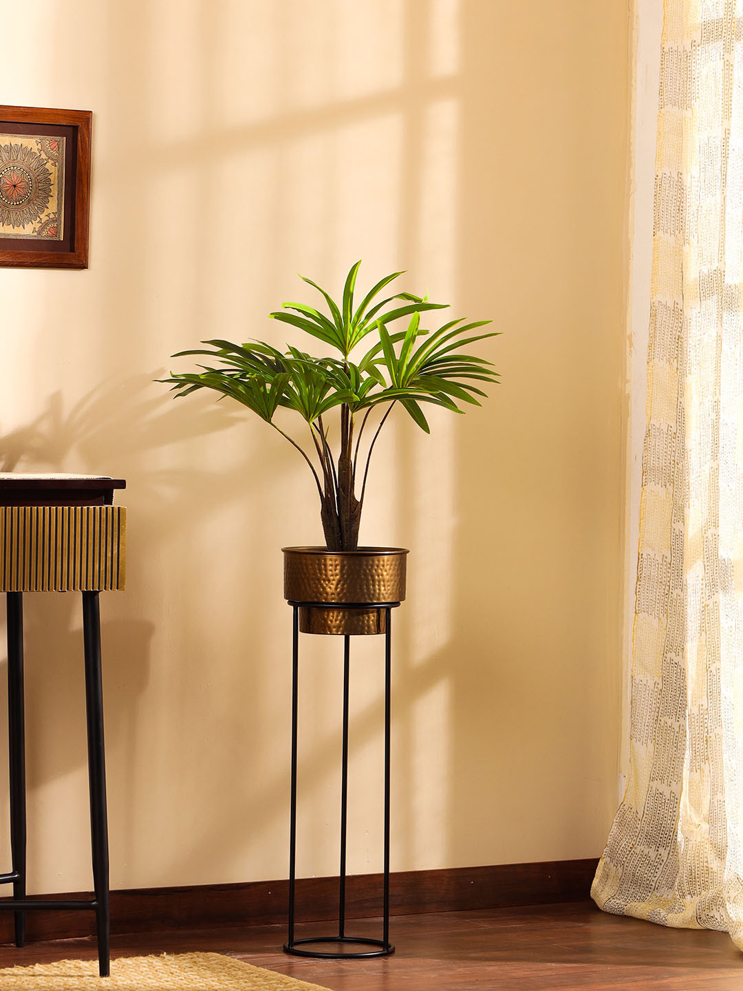 Elemntl Green Artificial Rhapis Palm Plant With Black Pot