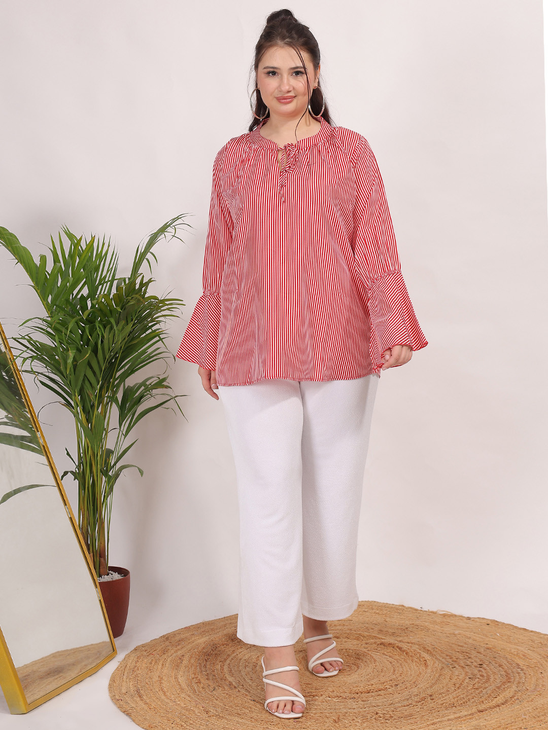 Qurvii+ Plus Size Striped Tie-Up Neck Bell Sleeve Crepe Top