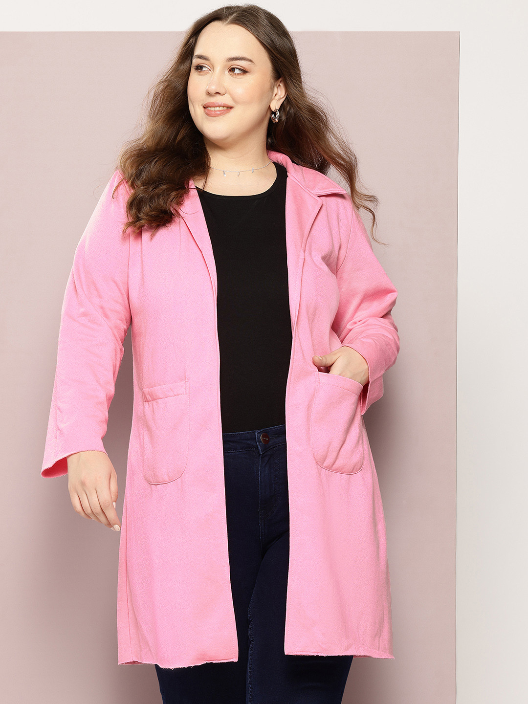 Qurvii+ Plus Size Open Front Notched Lapel Collar Overcoat