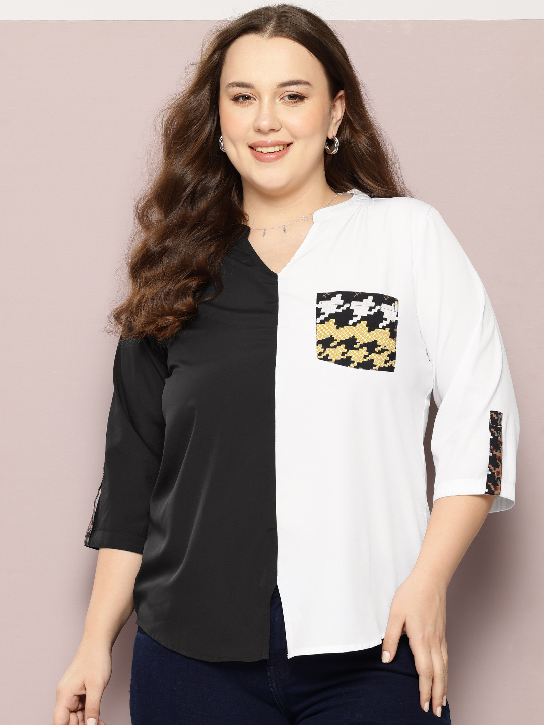Qurvii+ Plus Size Colourblocked Mandarin Collar Roll-Up Sleeves Crepe Shirt Style Top