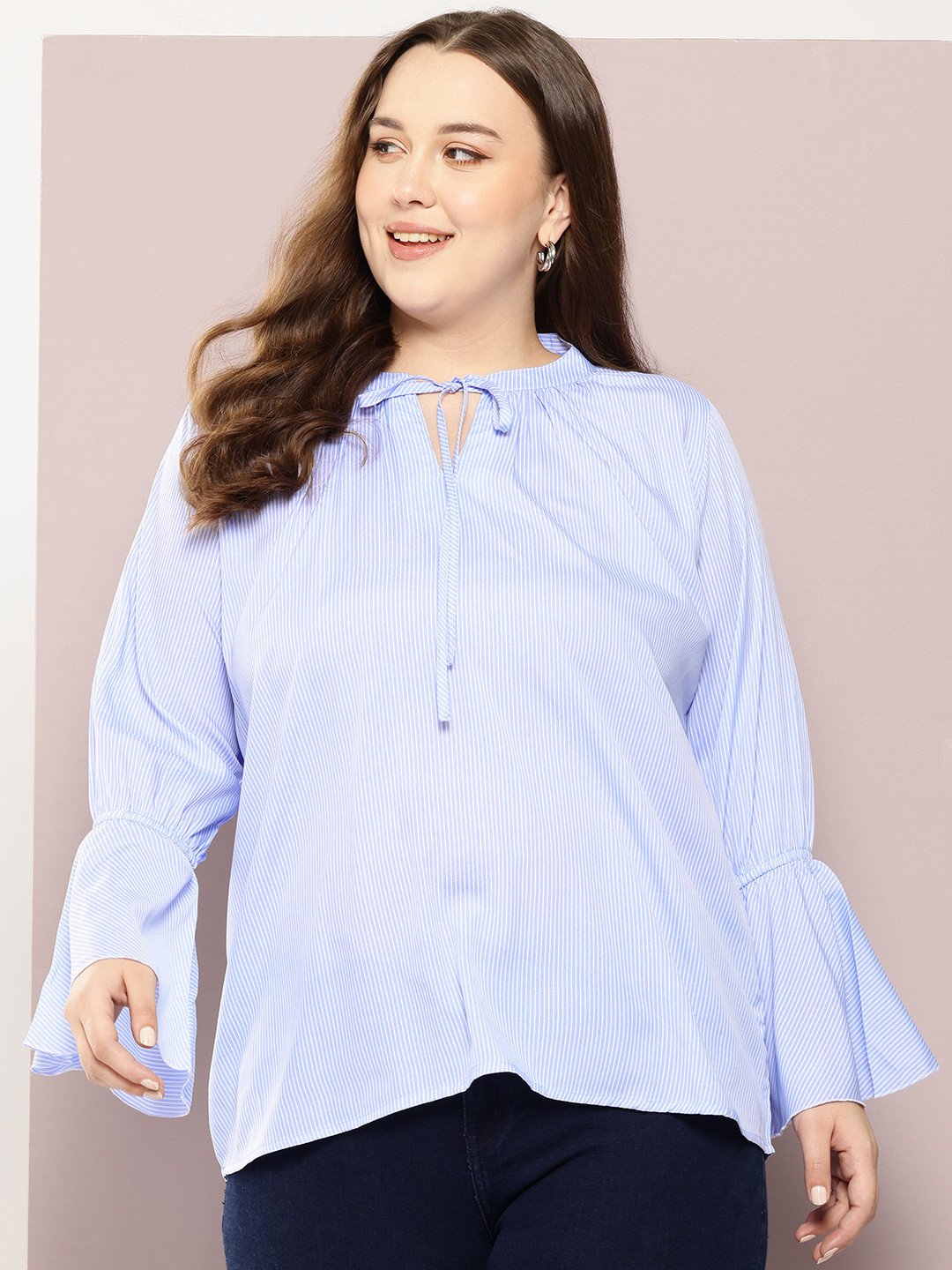Qurvii+ Plus Size Cotton Striped Tie-Up Neck Flared Sleeve Longline Top