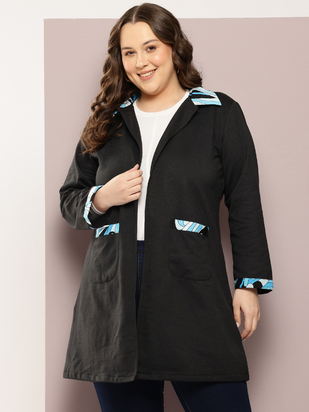 Qurvii+ Plus Size Printed Front-Open Longline Fleece Trench Coat With Patchwork Detail