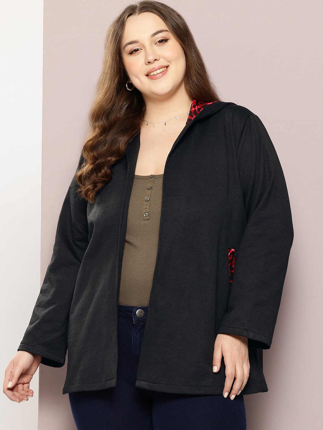 Qurvii+ Plus Size Fleece Open Front Hooded Jacket with Patchwork