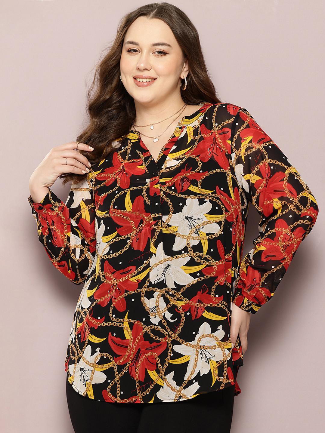 Qurvii+ Plus Size Comfort Floral Chain Printed Semi Sheer Printed Casual Shirt