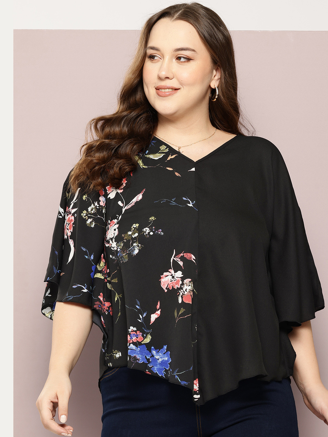 Qurvii+ Plus Size Floral Print Kimono Sleeve Kaftan Top