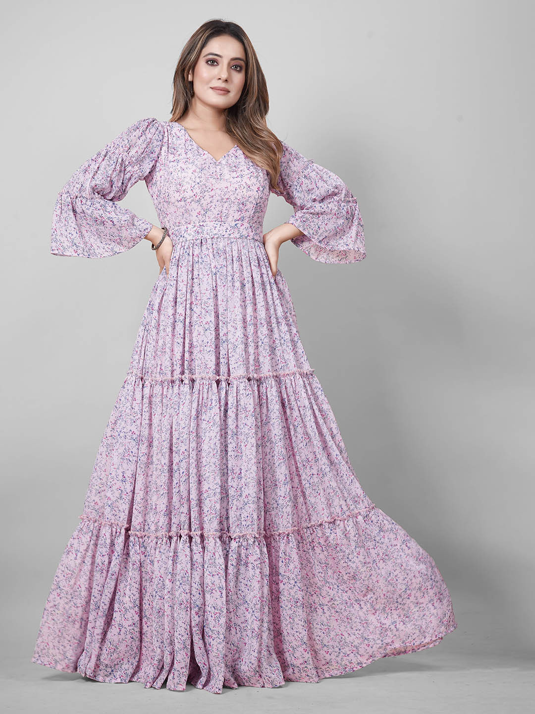 CHANSI Women Floral Print Bell Sleeve Fit & Flare Maxi Dress