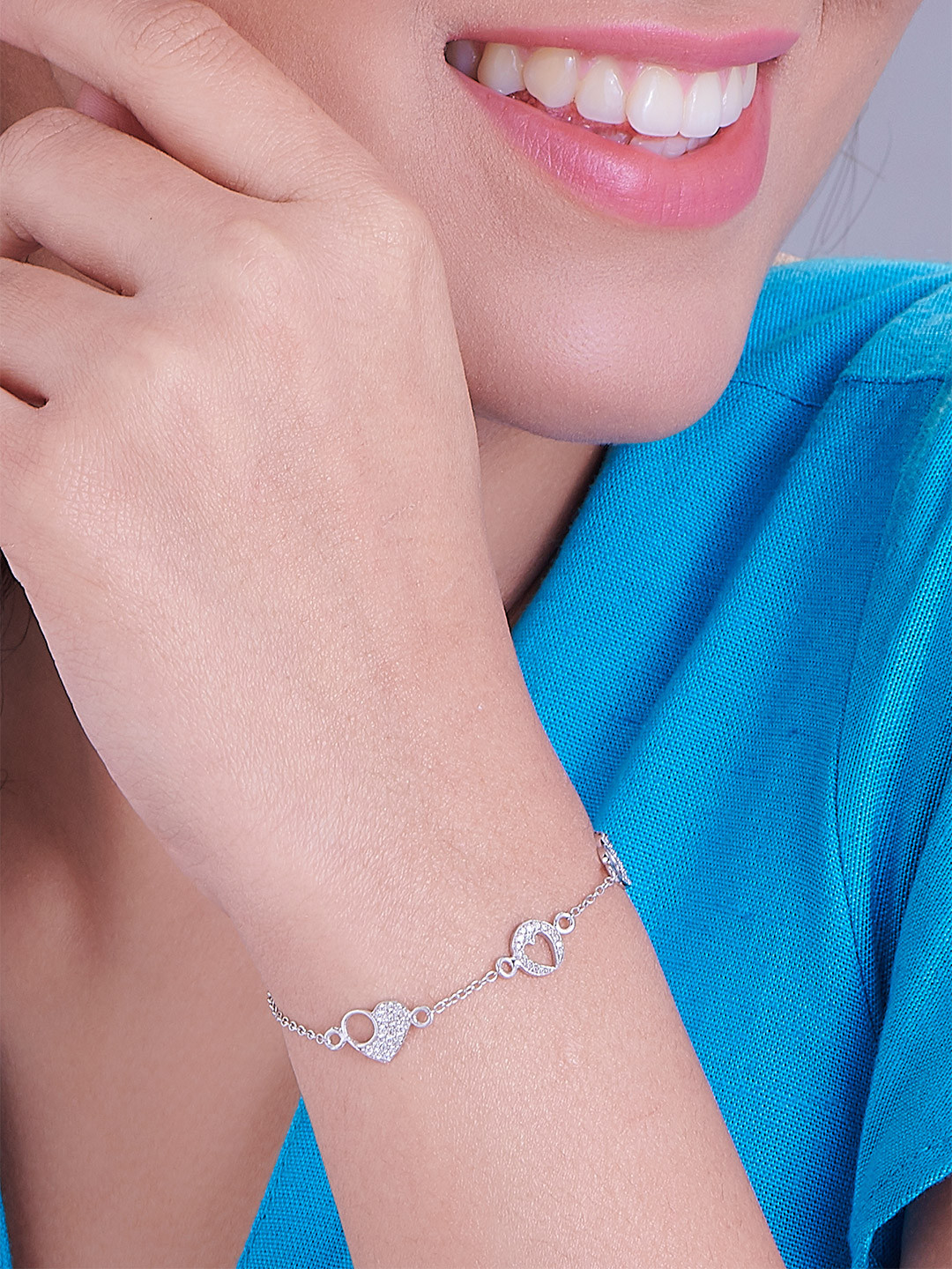 Nipura 925 Sterling Silver Rhodium-Plated Cubic Zirconia Sparkling Heart Charm Bracelet