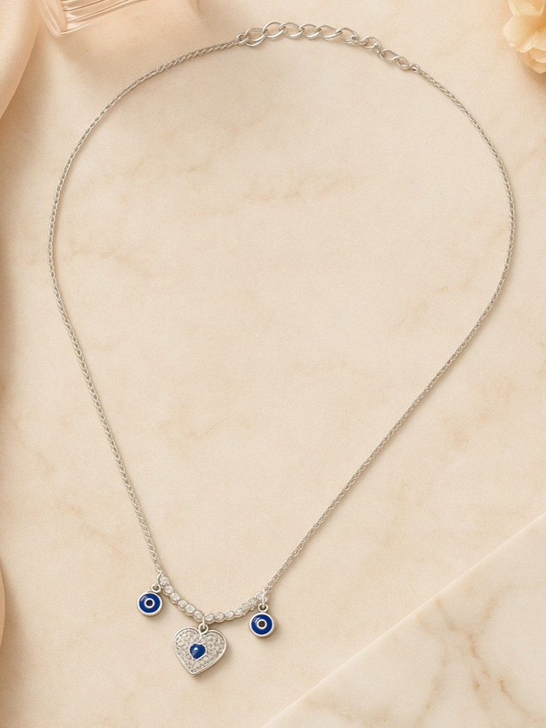 Nipura 925 Sterling Silver Rhodium-Plated Evil-Eye Beaded Heart String Necklace