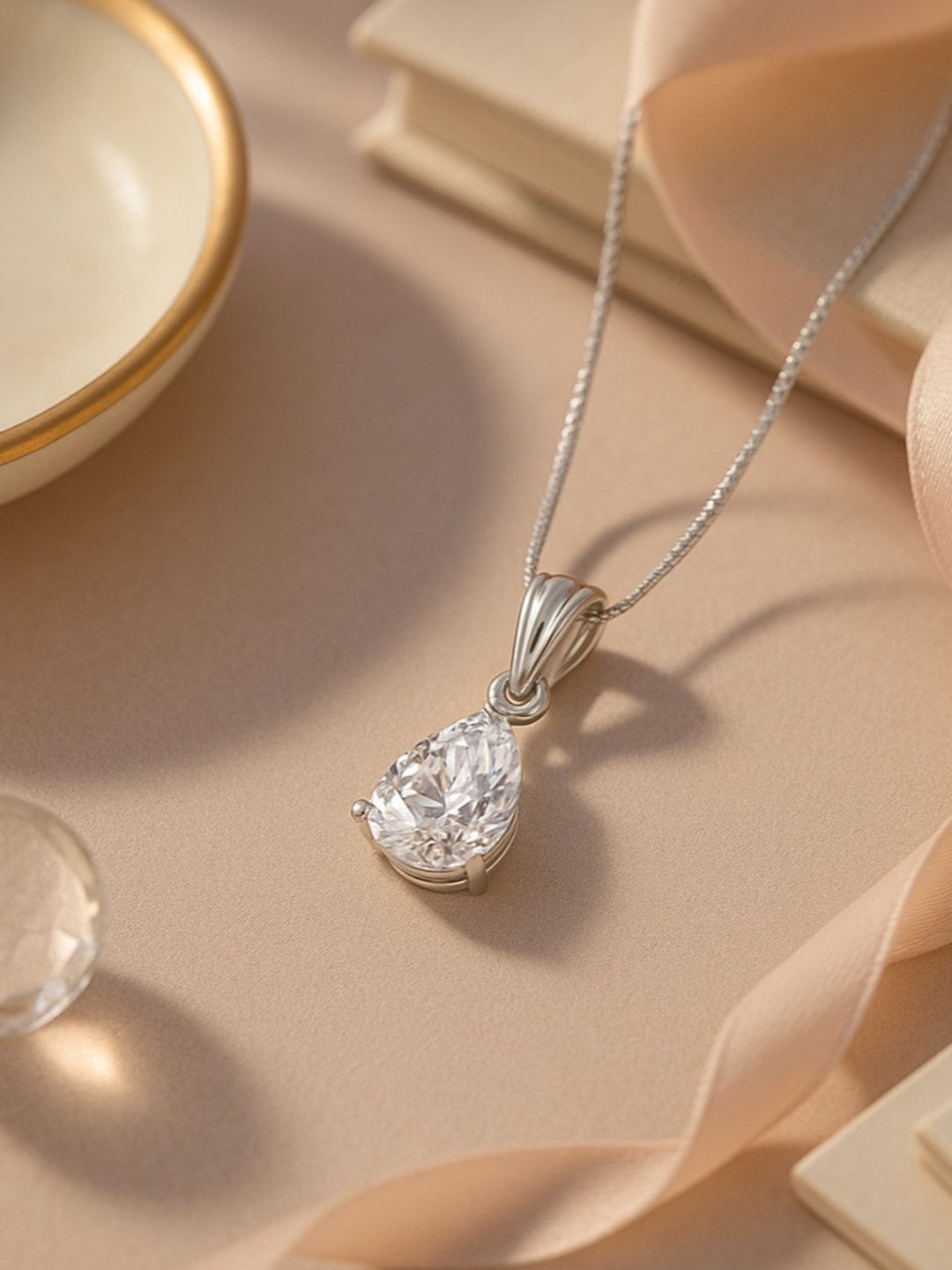 Nipura 925 Sterling Silver Rhodium-Plated Pear Zircon Teardrop Shaped Pendant