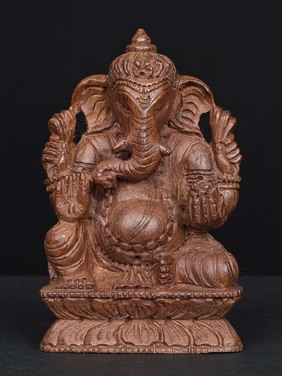 Exotic India Superfine Chaturbhuja Ganesha Brown Wood Natural Living Room Small Showpiece - 3.7 Inches