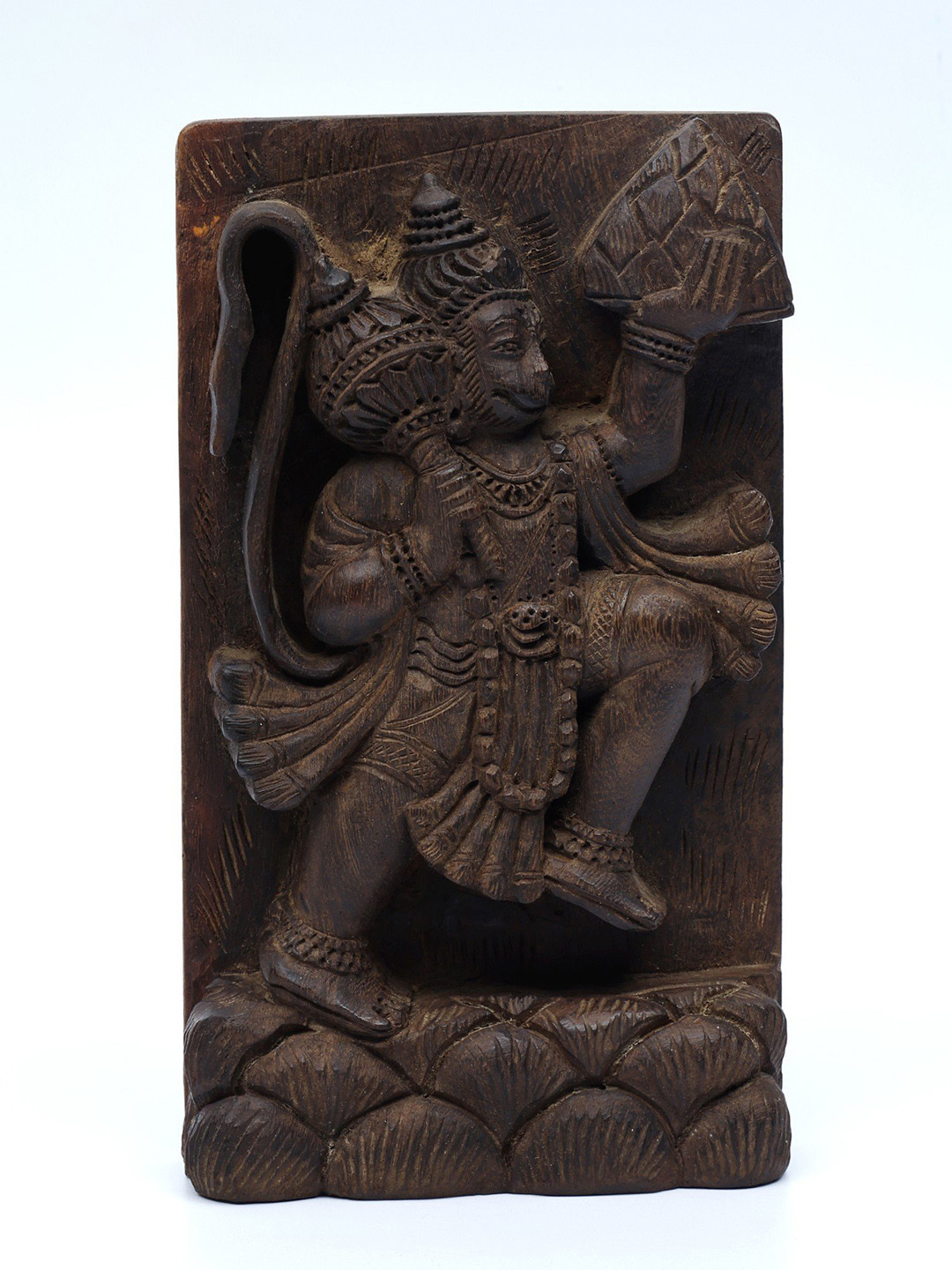 Exotic India Lord Hanuman Carrying Sanjeevani Black Wood Natural Prayer Room Small Showpiece - 7 Inches