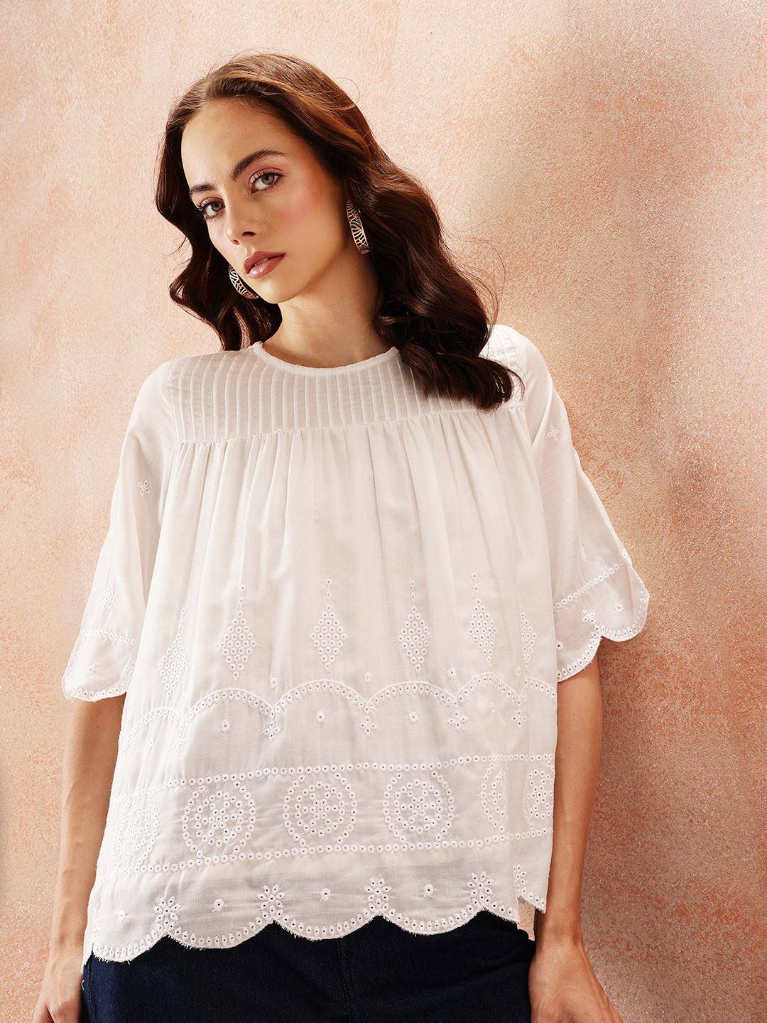 all about you Pin Tucks & Schiffli Embroidered A-Line Top